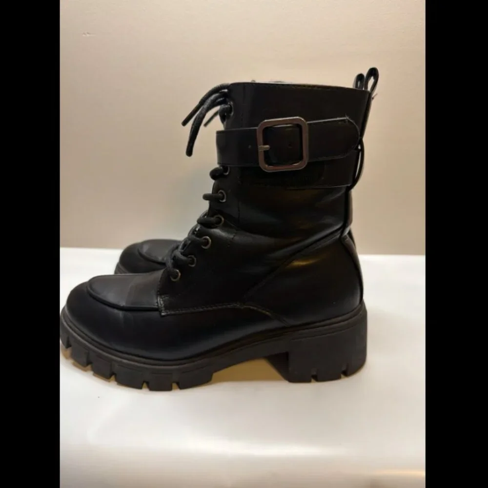 Black Combat - Style Leather Boots - Buckle w/Lace Up - Picture 2 of 8